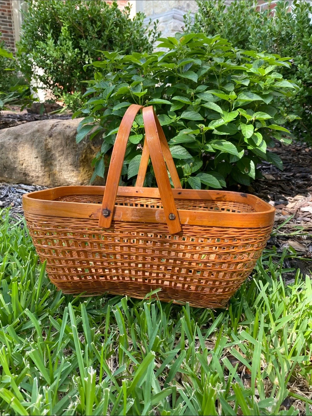 Vintage Handwoven Natural Brown Wicker Basket with Handles